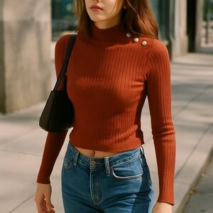 NWT Marled Y2K Ribbed Knit Button Shoulder Mock Neck XS Brown/Gold